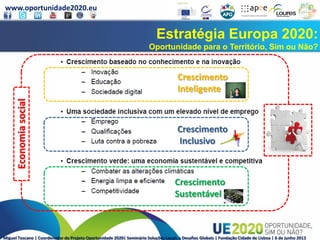 www.oportunidade2020.eu
Miguel Toscano | Coordenador do Projeto Oportunidade 2020| Seminário Soluções Locais a Desafios Globais | Fundação Cidade de Lisboa | 6 de junho 2013
Estratégia Europa 2020:
Oportunidade para o Território, Sim ou Não?
Crescimento
Inteligente
Crescimento
Sustentável
Economiasocial
Crescimento
Inclusivo
 