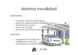 sistema movilidad
elementos:

  –   vehículos, sistemas de transporte
  –   puntos de aparcamiento, mobiliario activo
  –   identificación usuario
  –   puntos de recarga
  –   puntos de almacenamiento y reparación

servicios:

  – seguridad de los vehículos
  – redistribución vehículos
  – mantenimiento vehículos e instalaciones
 