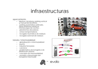 infraestructuras
aparcamiento
    –   biketree, biceberg, parking vertical
        y manual de bicicletas…
    –    parking automático vehículos,
        aparcamientos robóticos,
        montacargas de coches…
    –    plataformas elevadoras
    –    cintas transportadoras
    –    recogida neumática de residuos
    –    recogida soterrad de residuos

tránsito / intermodalidad
    –    globalización e intermodalidad
    –    puerto
    –    industria ferroviaria
    –    carretera
    –    problemática de la logística de
        distribución urbana
    –    concepto de intermodalidad
    –    ventajas y desventajas del
        transporte intermodal
 