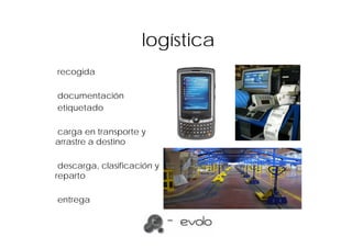 logística
recogida

documentación
etiquetado

carga en transporte y
arrastre a destino

 descarga, clasificación y
reparto

entrega
 