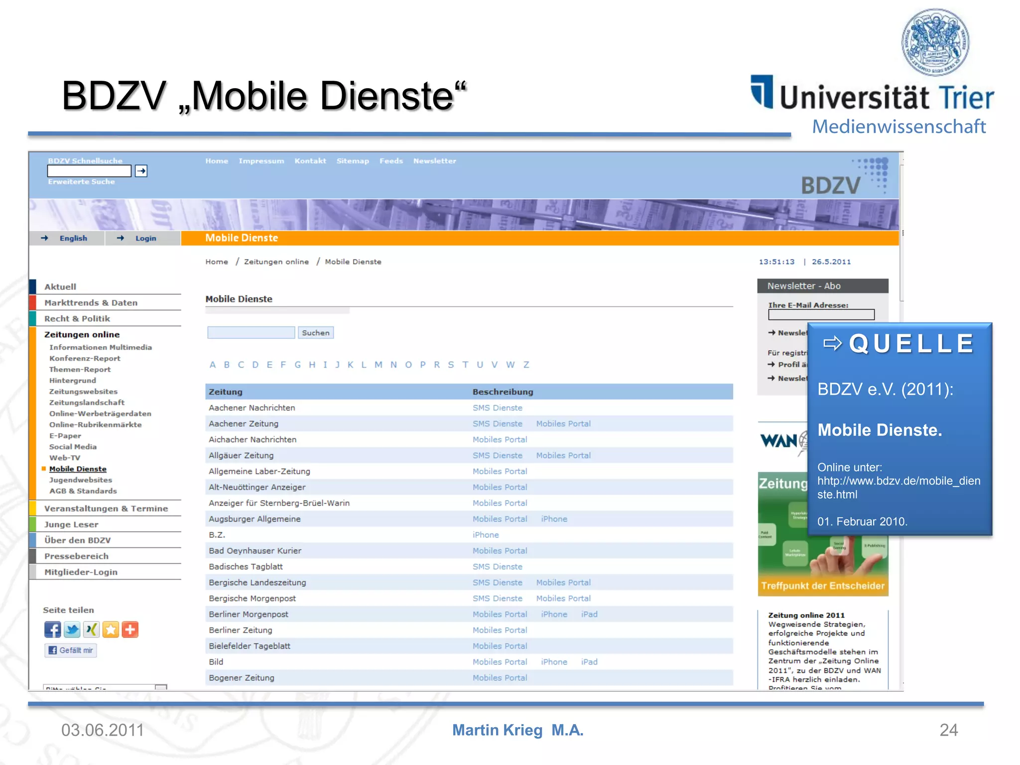 BDZV „Mobile Dienste“

Medienwissenschaft

QUELLE
BDZV e.V. (2011):
Mobile Dienste.
Online unter:
hhtp://www.bdzv.de/mobile_dien
ste.html
01. Februar 2010.

03.06.2011

Martin Krieg M.A.

24

 