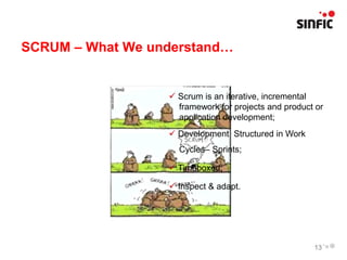 SCRUM – What We understand…


                   Scrum is an iterative, incremental
                    framework for projects and product or
                    application development;
                   Development Structured in Work
                    Cycles– Sprints;

                   Timeboxed;

                   Inspect & adapt.




                                                      13
 
