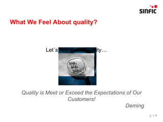 What We Feel About quality?



            Let´s talk about Quality…




   Quality is Meet or Exceed the Expectations of Our
                       Customers!
                                             Deming
                                                       3
 