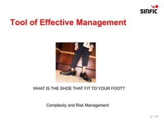 Tool of Effective Management




     WHAT IS THE SHOE THAT FIT TO YOUR FOOT?



          Complexity and Risk Management

                                               7
 
