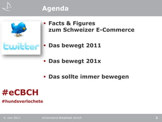 AgendaFacts & Figures zum Schweizer E-CommerceDas bewegt 2011Das bewegt 201xDas sollte immer bewegen6. Juni 2011eCommerce Breakfast Zürich2#eCBCH#hundsverlochete