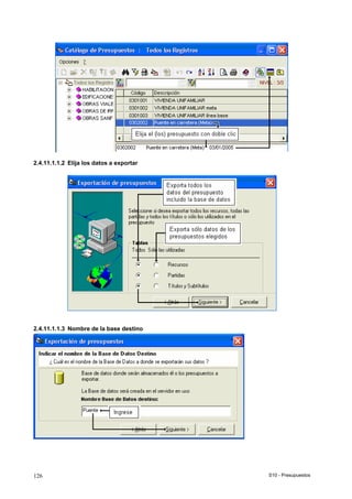 S10 - Presupuestos126
2.4.11.1.1.2 Elija los datos a exportar
2.4.11.1.1.3 Nombre de la base destino
 