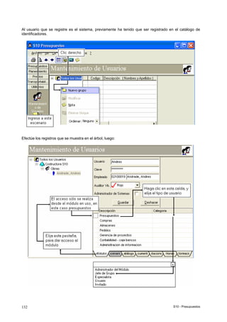 S10 - Presupuestos132
Al usuario que se registre es el sistema, previamente ha tenido que ser registrado en el catálogo de
identificadores.
Efectúe los registros que se muestra en el árbol, luego:
 