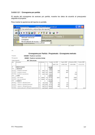 S10 - Presupuestos 165
3.4.6.6.1.2.1 Cronograma por partida
El reporte del cronograma de avances por partida, muestra los datos de acuerdo al presupuesto
asignado al proyecto.
Para mostrar la apariencia del reporta en pantalla.
 