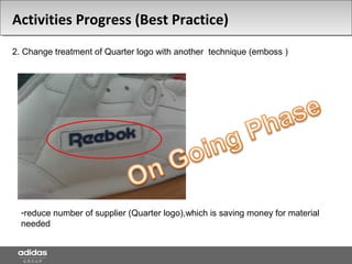 2. Change treatment of Quarter logo with another technique (emboss )
-reduce number of supplier (Quarter logo),which is saving money for material
needed
Activities Progress (Best Practice)
 
