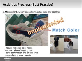 3. Match color between tongue lining, collar lining and sockliner
- reduce materials color needs
- reduce delivery/shipping cost
- save confirmation and lab test time
- save place to store material
Activities Progress (Best Practice)
 