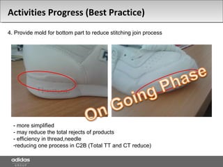 4. Provide mold for bottom part to reduce stitching join process
- more simplified
- may reduce the total rejects of products
- efficiency in thread,needle
-reducing one process in C2B (Total TT and CT reduce)
Activities Progress (Best Practice)
 