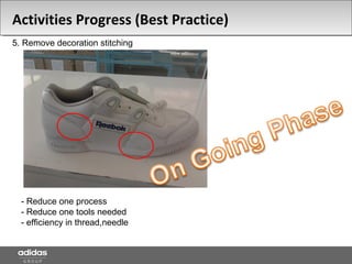 5. Remove decoration stitching
- Reduce one process
- Reduce one tools needed
- efficiency in thread,needle
Activities Progress (Best Practice)
 