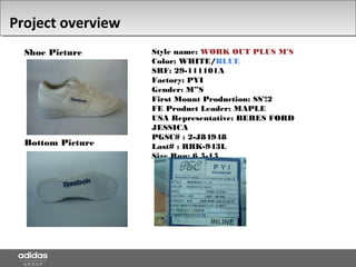 Project overview
Shoe Picture
Bottom Picture
Style name: WORK OUT PLUS M'S
Color: WHITE/BLUE
SRF: 29-111101A
Factory: PYI
Gender: M”S
First Mount Production: SS'!2
FE Product Leader: MAPLE
USA Representative: BERES FORD
JESSICA
PGSC# : 2-J84948
Last# : RBK-943L
Size Run: 6.5-15
 