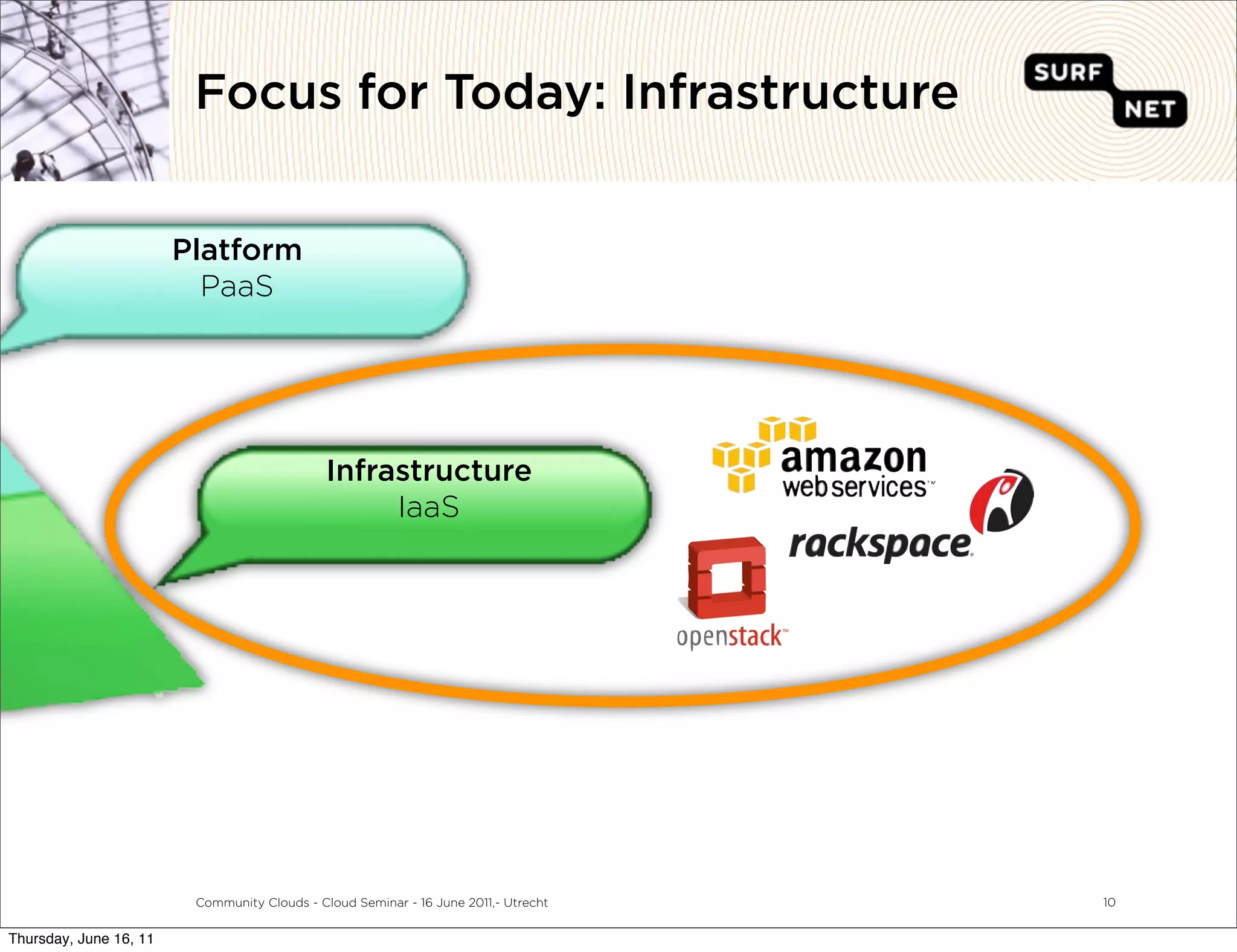 pplication
 SaaS
                          Focus for Today: Infrastructure


                         Platform
                           PaaS




                                               Infrastructure
                                                    IaaS




                          Community Clouds - Cloud Seminar - 16 June 2011,- Utrecht   10


 Thursday, June 16, 11
 