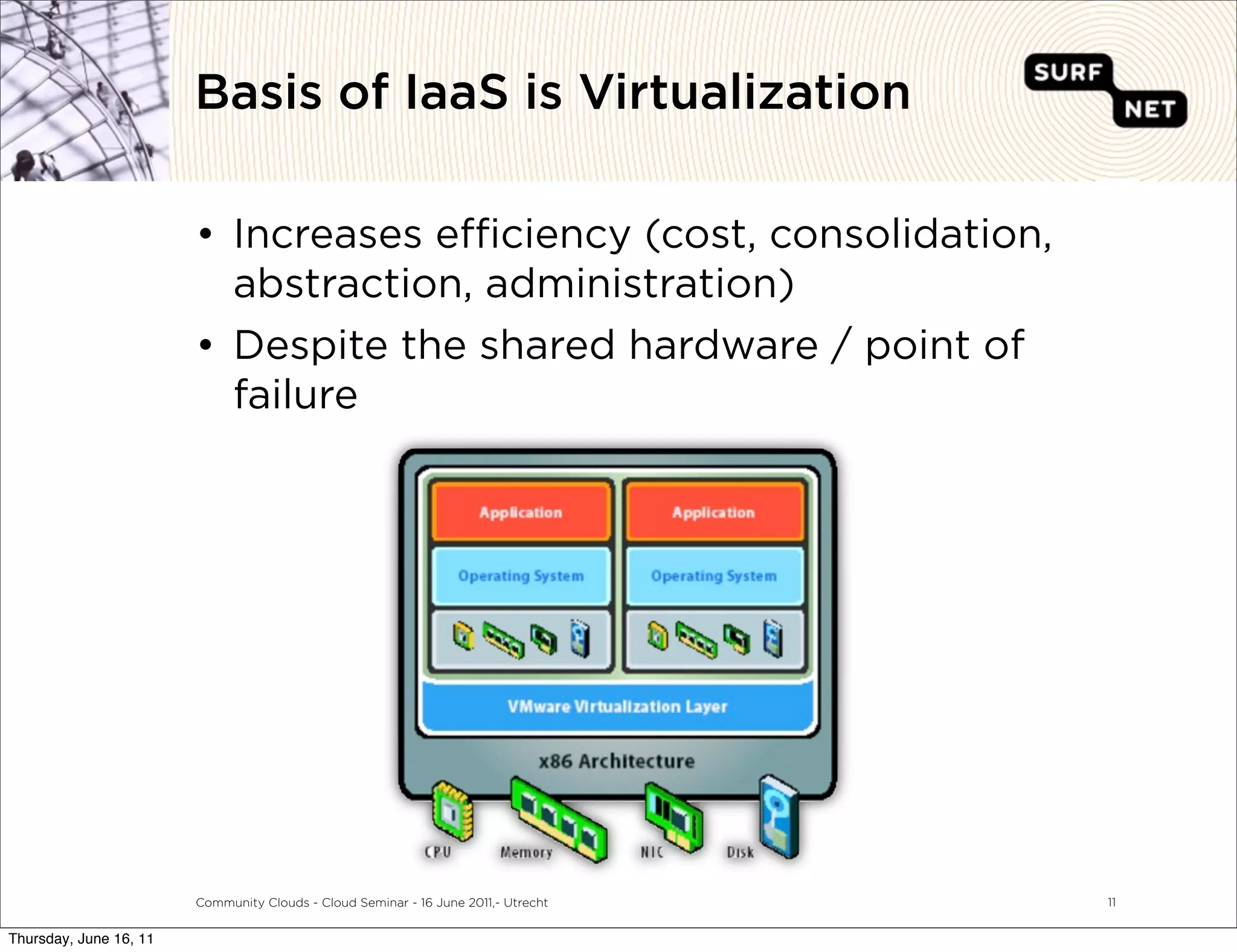 Basis of IaaS is Virtualization

                        • Increases e ciency (cost, consolidation,
                          abstraction, administration)
                        • Despite the shared hardware / point of
                          failure




                        Community Clouds - Cloud Seminar - 16 June 2011,- Utrecht   11


Thursday, June 16, 11
 
