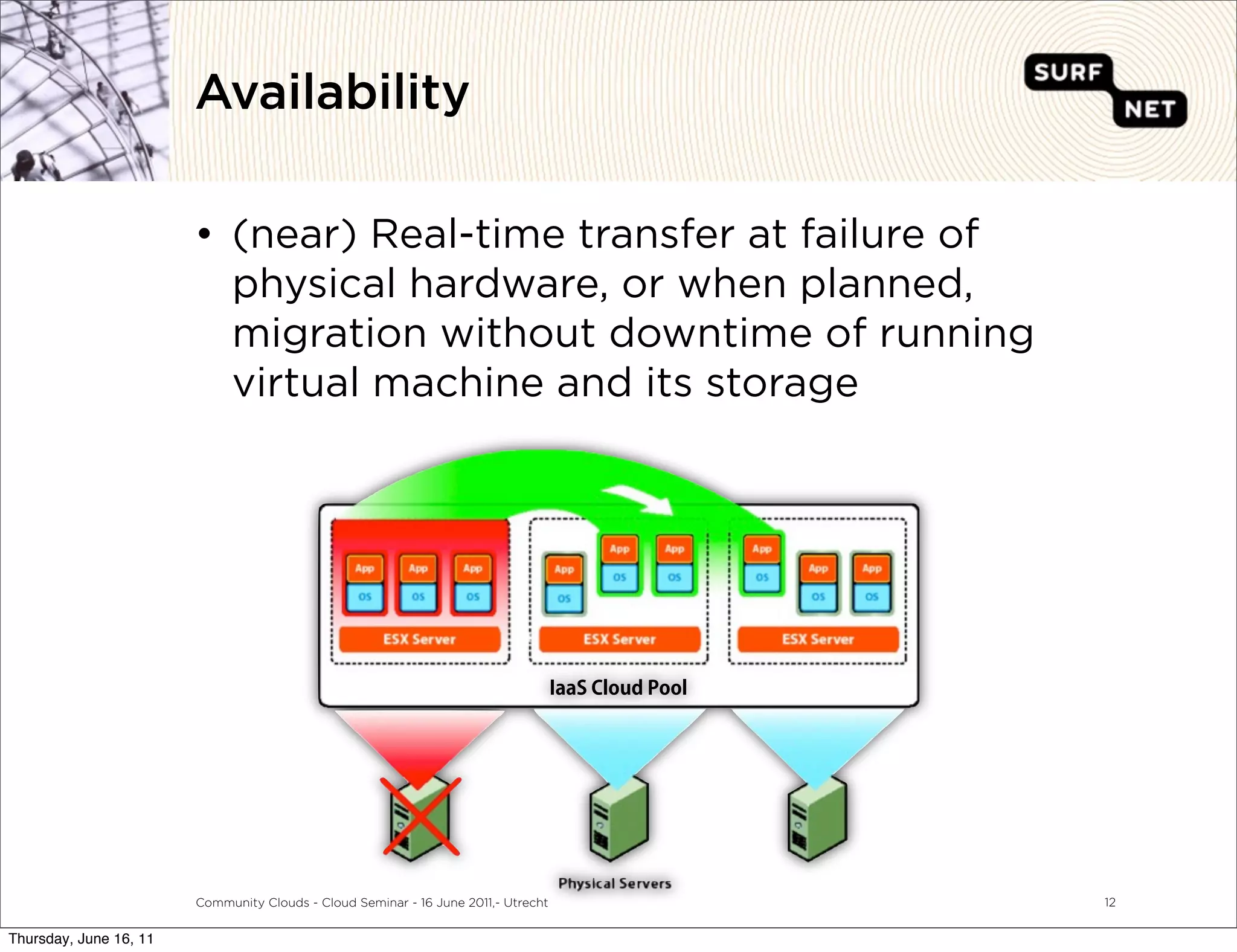 Availability

                        • (near) Real-time transfer at failure of
                          physical hardware, or when planned,
                          migration without downtime of running
                          virtual machine and its storage




                        Community Clouds - Cloud Seminar - 16 June 2011,- Utrecht   12


Thursday, June 16, 11
 