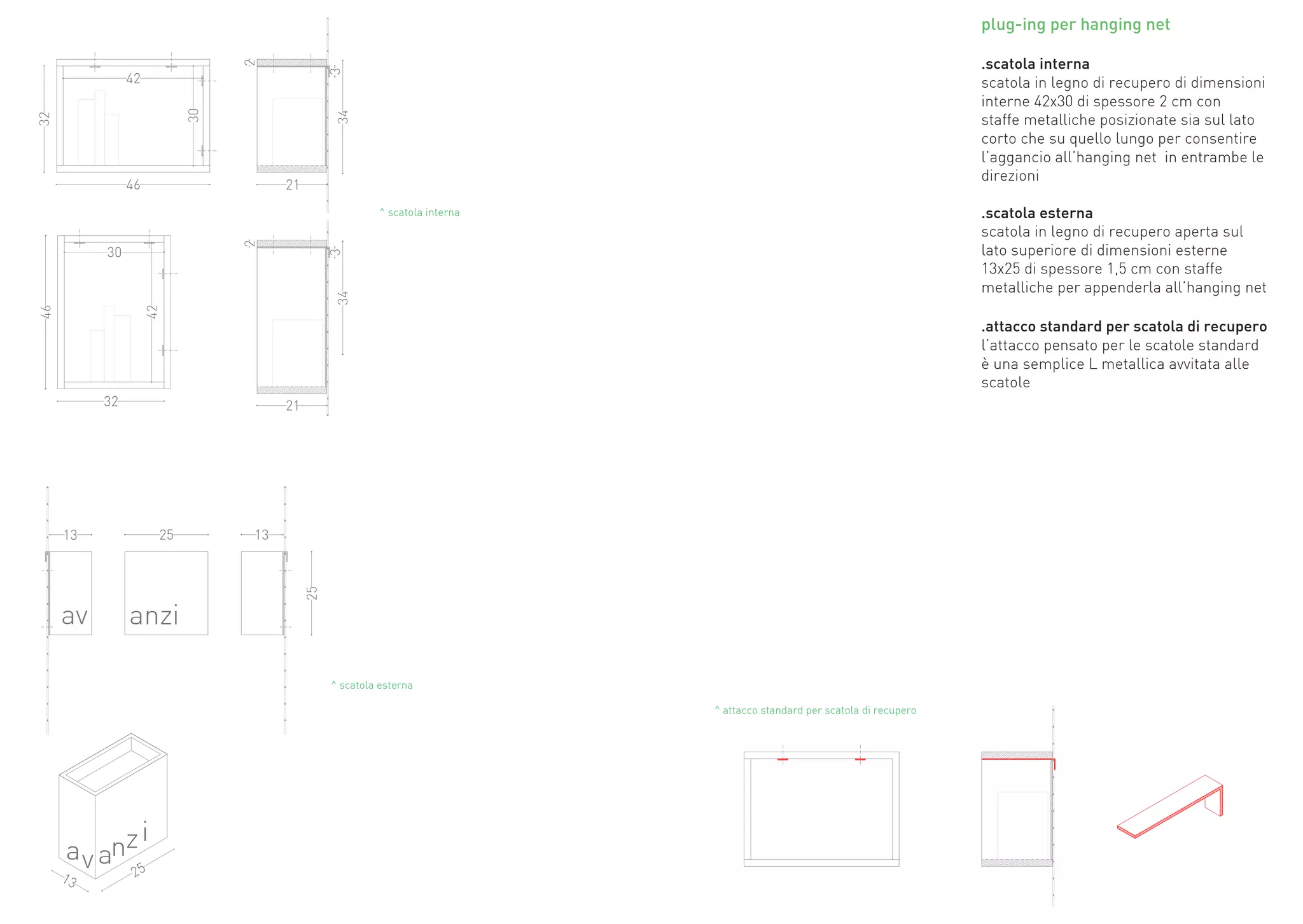 plug-ing per hanging net

                                                                           .scatola interna
                                                                           scatola in legno di recupero di dimensioni
                                                                           interne 42x30 di spessore 2 cm con
                                                                           staffe metalliche posizionate sia sul lato
                                                                           corto che su quello lungo per consentire
                                                                           l’aggancio all’hanging net in entrambe le
                                                                           direzioni

          ^ scatola interna                                                .scatola esterna
                                                                           scatola in legno di recupero aperta sul
                                                                           lato superiore di dimensioni esterne
                                                                           13x25 di spessore 1,5 cm con staffe
                                                                           metalliche per appenderla all’hanging net

                                                                           .attacco standard per scatola di recupero
                                                                           l’attacco pensato per le scatole standard
                                                                           è una semplice L metallica avvitata alle
                                                                           scatole




^ scatola esterna

                              ^ attacco standard per scatola di recupero
 