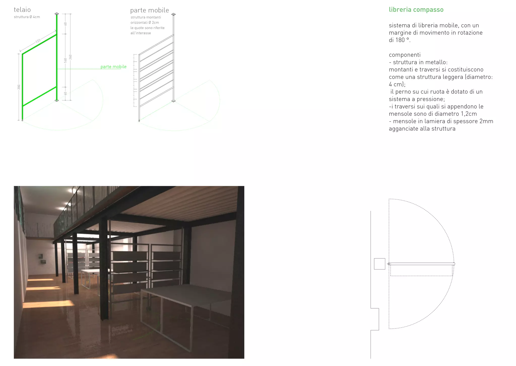 libreria compasso

sistema di libreria mobile, con un
margine di movimento in rotazione
di 180 °.

componenti
- struttura in metallo:
montanti e traversi si costituiscono
come una struttura leggera (diametro:
4 cm);
 il perno su cui ruota è dotato di un
sistema a pressione;
-i traversi sui quali si appendono le
mensole sono di diametro 1,2cm
- mensole in lamiera di spessore 2mm
agganciate alla struttura
 