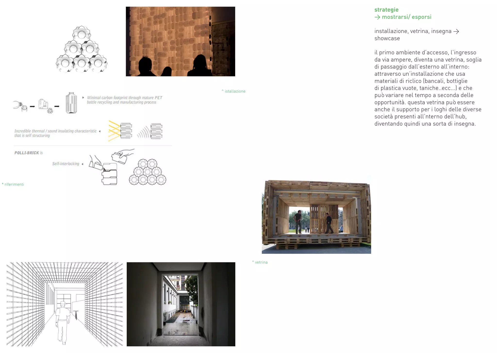 strategie
                                             > mostrarsi/ esporsi

                                             installazione, vetrina, insegna >
                                             showcase

                                             il primo ambiente d’accesso, l’ingresso
                                             da via ampere, diventa una vetrina, soglia
                                             di passaggio dall’esterno all’interno:
                                             attraverso un’installazione che usa
                                             materiali di riclico (bancali, bottiglie
                ^ istallazione
                                             di plastica vuote, taniche..ecc...) e che
                                             può variare nel tempo a seconda delle
                                             opportunità. questa vetrina può essere
                                             anche il supporto per i loghi delle diverse
                                             società presenti all’nterno dell’hub,
                                             diventando quindi una sorta di insegna.




* riferimenti




                                 ^ vetrina
 