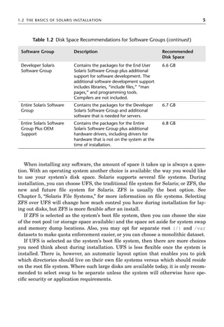 1.2 THE BASICS OF SOLARIS INSTALLATION 5
When installing any software, the amount of space it takes up is always a ques-
tion. With an operating system another choice is available: the way you would like
to use your system’s disk space. Solaris supports several ﬁle systems. During
installation, you can choose UFS, the traditional ﬁle system for Solaris; or ZFS, the
new and future ﬁle system for Solaris. ZFS is usually the best option. See
Chapter 5, “Solaris File Systems,” for more information on ﬁle systems. Selecting
ZFS over UFS will change how much control you have during installation for lay-
ing out disks, but ZFS is more ﬂexible after an install.
If ZFS is selected as the system’s boot ﬁle system, then you can choose the size
of the root pool (or storage space available) and the space set aside for system swap
and memory dump locations. Also, you may opt for separate root (/) and /var
datasets to make quota enforcement easier, or you can choose a monolithic dataset.
If UFS is selected as the system’s boot ﬁle system, then there are more choices
you need think about during installation. UFS is less ﬂexible once the system is
installed. There is, however, an automatic layout option that enables you to pick
which directories should live on their own ﬁle systems versus which should reside
on the root ﬁle system. Where such large disks are available today, it is only recom-
mended to select swap to be separate unless the system will otherwise have spe-
ciﬁc security or application requirements.
Developer Solaris
Software Group
Contains the packages for the End User
Solaris Software Group plus additional
support for software development. The
additional software development support
includes libraries, “include ﬁles,” “man
pages,” and programming tools.
Compilers are not included.
6.6 GB
Entire Solaris Software
Group
Contains the packages for the Developer
Solaris Software Group and additional
software that is needed for servers.
6.7 GB
Entire Solaris Software
Group Plus OEM
Support
Contains the packages for the Entire
Solaris Software Group plus additional
hardware drivers, including drivers for
hardware that is not on the system at the
time of installation.
6.8 GB
Table 1.2 Disk Space Recommendations for Software Groups (continued )
Software Group Description Recommended
Disk Space
 