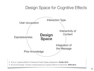 Design Space for Cognitive Effects
48
• Alt et al. Cognitive Effects of Interactive Public Display Applications. PerDis 2013.
• Alt and Schneegaß. Towards Understanding the Cognitive Effects of Interactivity. EIPS 2013.
User occupation
Expressiveness
Interactivity of
Content
Interaction Type
Integration of
the Message
Prior Knowledge
Design
Space
 