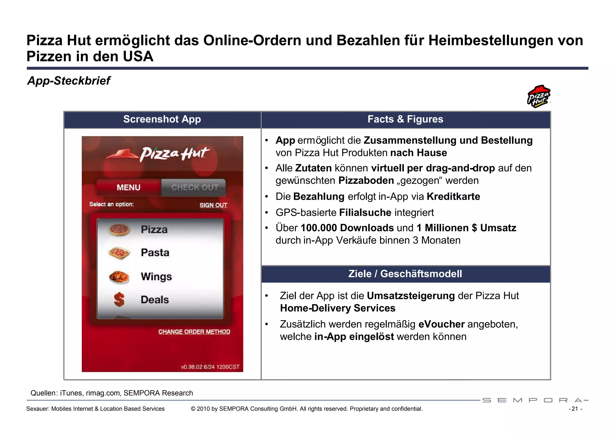 Pizza Hut ermöglicht das Online-Ordern und Bezahlen für Heimbestellungen von
Pizzen in den USA
App-Steckbrief


                                   Screenshot App                                                                     Facts & Figures

                                                                                 • App ermöglicht die Zusammenstellung und Bestellung
                                                                                   von Pizza Hut Produkten nach Hause
                                                                                 • Alle Zutaten können virtuell per drag-and-drop auf den
                                                                                   gewünschten Pizzaboden „gezogen“ werden
                                                                                 • Die Bezahlung erfolgt in-App via Kreditkarte
                                                                                 • GPS-basierte Filialsuche integriert
                                                                                 • Über 100.000 Downloads und 1 Millionen $ Umsatz
                                                                                   durch in-App Verkäufe binnen 3 Monaten


                                                                                                               Ziele / Geschäftsmodell

                                                                                 •    Ziel der App ist die Umsatzsteigerung der Pizza Hut
                                                                                      Home-Delivery Services
                                                                                 •    Zusätzlich werden regelmäßig eVoucher angeboten,
                                                                                      welche in-App eingelöst werden können




 Quellen: iTunes, rimag.com, SEMPORA Research

Sexauer: Mobiles Internet & Location Based Services   © 2010 by SEMPORA Consulting GmbH. All rights reserved. Proprietary and confidential.   - 21 -
 