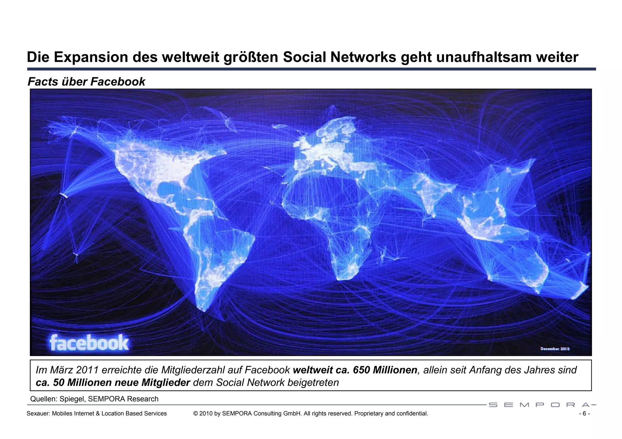 Die Expansion des weltweit größten Social Networks geht unaufhaltsam weiter
Facts über Facebook




   Im März 2011 erreichte die Mitgliederzahl auf Facebook weltweit ca. 650 Millionen, allein seit Anfang des Jahres sind
   ca. 50 Millionen neue Mitglieder dem Social Network beigetreten
 Quellen: Spiegel, SEMPORA Research
Sexauer: Mobiles Internet & Location Based Services   © 2010 by SEMPORA Consulting GmbH. All rights reserved. Proprietary and confidential.   -6-
 