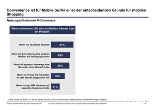 Convenience ist für Mobile Surfer einer der entscheidenden Gründe für mobiles
Shopping
Nutzungssituationen M-Commerce

     “Wann informieren Sie sich im Mobilen Internet über
                       ein Produkt”



                  Wenn ich es zeitnah brauche                         81%


       Wenn ich Zeit habe & keine anderen
            Medien zur Verfügung stehen                             69%


          Wenn ich spontan unterwegs eine
             Idee oder einen Wunsch habe
                                                                   66%


               Wenn ich Preise mit Produkten
              im stat. Handel vergleichen will
                                                                50%


             Wenn ich per SMS Hinweise auf
                 spezielle Angebote erhalte                 31%



 Quelle: Studie „Im Focus 07“ Ad hoc Studie, 06/2009, DMC (n=186 Nutzer Mobiles Internet, Mehrfachnennungen möglich)

Sexauer: Mobiles Internet & Location Based Services   © 2010 by SEMPORA Consulting GmbH. All rights reserved. Proprietary and confidential.   - 16 -
 
