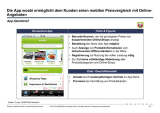 Die App woabi ermöglicht dem Kunden einen mobilen Preisvergleich mit Online-
Angeboten
App-Steckbrief


                                   Screenshot App                                                                     Facts & Figures

                                                                                 • Barcode-Scanner, der die günstigsten Preise von
                                                                                   kooperierenden Online-Shops anzeigt
                                                                                 • Bestellung der Ware über App möglich
                                                                                 • Auch Anzeige von Produktinformationen und
                                                                                   teilnehmenden Offline-Händlern in der Nähe
                                                                                 • Registrierung zur Nutzung der vollen Leistung nötig
                                                                                 • Zur Zeit keine vollständige Abdeckung aller
                                                                                   Produktkategorien und Online-Shops


                                                                                                          Ziele / Geschäftsmodell

                                                                                 •    Umsatz durch kostenpflichtigen Vertrieb im App-Store
                                                                                 •    Provision bei Vermittlung von Produktkäufen




 Quelle: iTunes, SEMPORA Research

Sexauer: Mobiles Internet & Location Based Services   © 2010 by SEMPORA Consulting GmbH. All rights reserved. Proprietary and confidential.   - 22 -
 