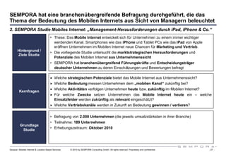SEMPORA hat eine branchenübergreifende Befragung durchgeführt, die das
Thema der Bedeutung des Mobilen Internets aus Sicht von Managern beleuchtet
2. SEMPORA Studie Mobiles Internet: „Management-Herausforderungen durch iPad, iPhone & Co.“
                                        • These: Das Mobile Internet entwickelt sich für Unternehmen zu einem immer wichtiger
                                          werdenden Kanal. Smartphones wie das iPhone und Tablet PCs wie das iPad von Apple
                                          eröffnen Unternehmen im Mobilen Internet neue Chancen für Marketing und Vertrieb.
       Hintergrund /                    • Die vorliegende Studie untersucht die marktstrategischen Herausforderungen und
       Ziele Studie
                                          Potenziale des Mobilen Internet aus Unternehmenssicht
                                        • SEMPORA hat branchenübergreifend Führungskräfte und Entscheidungsträger
                                          deutscher Unternehmen zu deren Einschätzungen und Bewertungen befragt

                                        Welche strategischen Potenziale bietet das Mobile Internet aus Unternehmenssicht?
                                        Welche Bedeutung messen Unternehmen dem „mobilen Kanal“ zukünftig bei?
                                        Welche Aktivitäten verfolgen Unternehmen heute bzw. zukünftig im Mobilen Internet?
         Kernfragen
                                        Für welche Zwecke setzen Unternehmen das Mobile Internet heute ein – welche
                                         Einsatzfelder werden zukünftig als relevant eingeschätzt?
                                        Welche Vertriebskanäle werden in Zukunft an Bedeutung gewinnen / verlieren?


                                        • Befragung von 2.000 Unternehmen (die jeweils umsatzstärksten in ihrer Branche)
                                        • Teilnahme: 189 Unternehmen
          Grundlage
           Studie                       • Erhebungszeitraum: Oktober 2010




Sexauer: Mobiles Internet & Location Based Services   © 2010 by SEMPORA Consulting GmbH. All rights reserved. Proprietary and confidential.   - 27 -
 