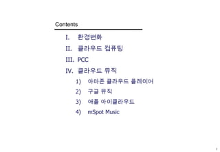 Contents환경변화클라우드 컴퓨팅PCC클라우드 뮤직아마존 클라우드 플레이어구글 뮤직애플 아이클라우드mSpot Music