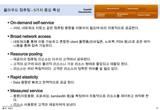 클라우드 컴퓨팅 정의인터넷을 통하여 외부 고객의 요구에 따라 컴퓨팅 파워, 스토리지, 플랫폼 및 서비스를 제공하기 위해 가상화되고, 동적 확장성 및 관리가 가능하며, 규모의 경제성이 있는 대규모 분산 컴퓨팅 패러다임 - Ian T. Foster표준화된 IT 기반 기능들이 IP 로 제공되고, 언제나 접근이 허용되며, 수요 변화에 따라 가변적이며, 사용량이나 광고를 기반으로 비용을 지불하고, 웹 또는 프로그램적인 인터페이스를 제공하는 형태  - Forrester Research인터넷으로 자원들이 제공되는 형태로 인터넷에 기반을 두고 개발하는 컴퓨터 기술의 활용을 의미함  - Wikipedia웹 기반 응용 소프트웨어를 활용해 대용량 데이터베이스를 인터넷 가상공간에서 분산 처리하고, 이 데이터를 컴퓨터나 휴대전화, PDA 등 다양한 단말기에서 불러오거나 가공할 수 있게 하는 환경 - IBM사용자 중심, 업무 중심의 수백 또는 수천 대의 컴퓨터를 연결하여 단일 컴퓨터로는 불가능한 풍부한 자원을 활용할 수 있도록 하는 기술  - Google21 experts are defining cloud computing: http://bit.ly/C6jIm출처 : 정보통신정책연구원 통신정책연구실