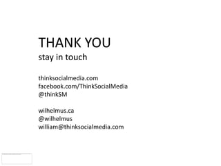 THANK YOU
stay in touch

thinksocialmedia.com
facebook.com/ThinkSocialMedia
@thinkSM

wilhelmus.ca
@wilhelmus
william@thinksocialmedia.com
 