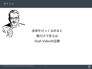 ポイント




                                                                      全体をひっくるめると
                                                                              数だけで言えば
                                                                              Flash Videoの圧勝




© 2011 Adobe Systems Incorporated. All Rights Reserved. Adobe Confidential.         21
 