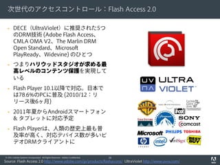 次世代のアクセスコントロール：Flash Access 2.0

      DECE（UltraViolet）に推奨された5つ
       のDRM技術 (Adobe Flash Access、
       CMLA OMA V2、The Marlin DRM
       Open Standard、Microsoft
       PlayReady、Widevine) のひとつ
      つまりハリウッドスタジオが求める最
       高レベルのコンテンツ保護を実現して
       いる
      Flash Player 10.1以降で対応。日本で
       は78.6%のPCに普及 (2010/12：リ
       リース後6ヶ月)
      2011年夏からAndroidスマートフォン
       & タブレットに対応予定
      Flash Playerは、人類の歴史上最も普
       及率が高く、対応デバイス数が多いビ
       デオDRMクライアントに

© 2011 Adobe Systems Incorporated. All Rights Reserved. Adobe Confidential.   26
Source: Flash Access 2.0 http://www.adobe.com/jp/products/flashaccess/ UltraViolet http://www.uvvu.com/
 