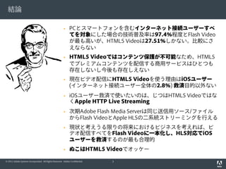 結論

                                                            PCとスマートフォンを含むインターネット接続ユーザーすべ
                                                             てを対象にした場合の技術普及率は97.4%程度とFlash Video
                                                             が最も高いが、HTML5 Videoは27.51%しかない。比較にさ
                                                             えならない
                                                            HTML5 Videoではコンテンツ保護が不可能なため、HTML5
                                                             でプレミアムコンテンツを配信する商用サービスはひとつも
                                                             存在しないし今後も存在しえない
                                                            現在ビデオ配信にHTML5 Videoを使う理由はiOSユーザー
                                                             (インターネット接続ユーザー全体の2.8%) 救済目的以外ない
                                                            iOSユーザー救済で使いたいのは、じつはHTML5 Videoではな
                                                             くApple HTTP Live Streaming
                                                            次期Adobe Flash Media Serverは同じ送信用ソース/ファイル
                                                             からFlash VideoとApple HLSの二系統ストリーミングを行える
                                                            現状と考えうる限りの将来におけるビジネスを考えれば、ビ
                                                             デオ配信すべてをFlash Videoに一本化し、HLS対応でiOS
                                                             ユーザーを救済するのが最も合理的
                                                            ぬこはHTML5 Videoでオッケー

© 2011 Adobe Systems Incorporated. All Rights Reserved. Adobe Confidential.   3
 