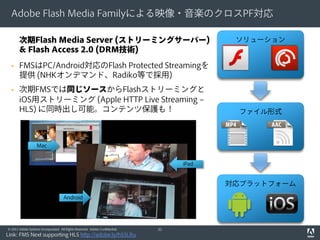Adobe Flash Media Familyによる映像・音楽のクロスPF対応

       次期Flash Media Server (ストリーミングサーバー)                                                  ソリューション
       & Flash Access 2.0 (DRM技術)
      FMSはPC/Android対応のFlash Protected Streamingを
       提供 (NHKオンデマンド、Radiko等で採用)
      次期FMSでは同じソースからFlashストリーミングと
       iOS用ストリーミング (Apple HTTP Live Streaming –
       HLS) に同時出し可能。コンテンツ保護も！                                                               ファイル形式



                   Mac


                                                                                   iPad


                                                                                          対応プラットフォーム
                                      Android




© 2011 Adobe Systems Incorporated. All Rights Reserved. Adobe Confidential.   31
Link: FMS Next supporting HLS http://adobe.ly/hS5LRu
 