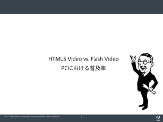 HTML5 Video vs. Flash Video
                                                                              PCにおける普及率




© 2011 Adobe Systems Incorporated. All Rights Reserved. Adobe Confidential.      4
 