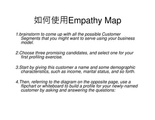 如何使用Empathy Map
1.brainstorm to come up with all the possible Customer
   Segments that you might want to serve using your business
   model.

2.Choose three promising candidates, and select one for your
   first profiling exercise.

3.Start by giving this customer a name and some demographic
   characteristics, such as income, marital status, and so forth.

4.Then, referring to the diagram on the opposite page, use a
   flipchart or whiteboard to build a profile for your newly-named
   customer by asking and answering the questions:
 