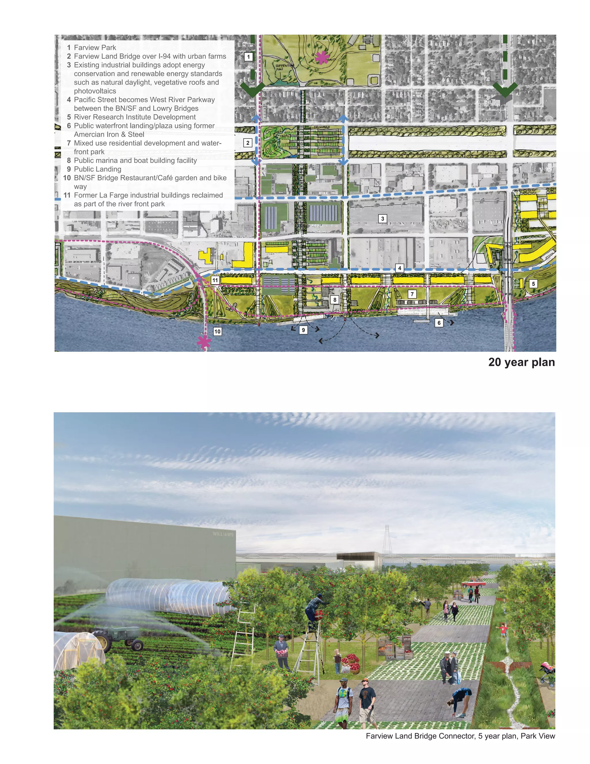 1 Farview Park
 2 Farview Land Bridge over I-94 with urban farms   1
 3 Existing industrial buildings adopt energy
   conservation and renewable energy standards
   such as natural daylight, vegetative roofs and
   photovoltaics
 4 Pacific Street becomes West River Parkway
   between the BN/SF and Lowry Bridges
 5 River Research Institute Development
 6 Public waterfront landing/plaza using former
   Amercian Iron & Steel
 7 Mixed use residential development and water-     2
   front park
 8 Public marina and boat building facility
 9 Public Landing
10 BN/SF Bridge Restaurant/Café garden and bike
   way
11 Former La Farge industrial buildings reclaimed
   as part of the river front park
                                                                        3




                                                                             4

                                            11
                                                                                                                  5
                                                                                 7
                                                        9       8



                                                                8                       6
                                             10             9




                                                                                                      20 year plan




                                                                    Farview Land Bridge Connector, 5 year plan, Park View
 