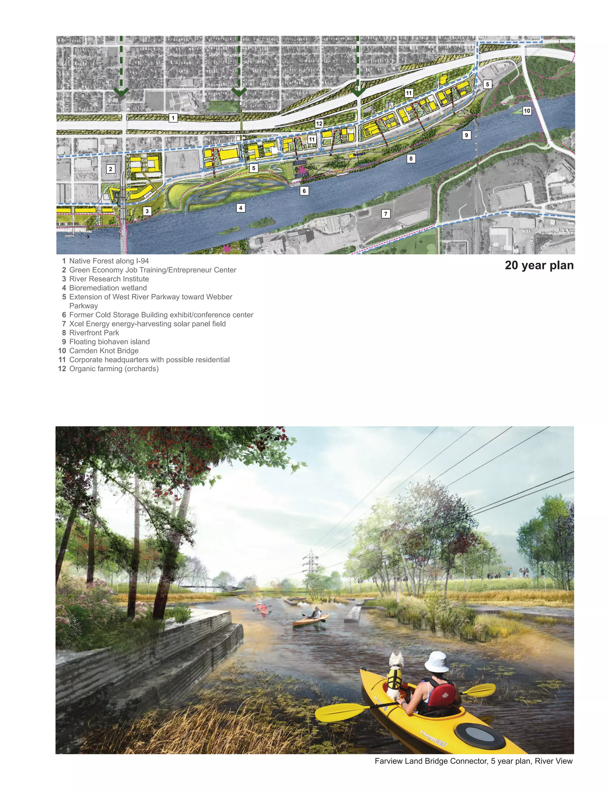 5
                                                                                    11


                                                                                                                    10
                                   1
                                                                       12

                                                                                                    9
                                                                  11


                                                                                     8
                2                                         5



                                                              6

                                                      4
                           3                                                  7




 1   Native Forest along I-94
 2   Green Economy Job Training/Entrepreneur Center                                                            20 year plan
 3   River Research Institute
 4   Bioremediation wetland
 5   Extension of West River Parkway toward Webber
     Parkway
 6   Former Cold Storage Building exhibit/conference center
 7   Xcel Energy energy-harvesting solar panel field
 8   Riverfront Park
 9   Floating biohaven island
10   Camden Knot Bridge
11   Corporate headquarters with possible residential
12   Organic farming (orchards)




                                                                            Farview Land Bridge Connector, 5 year plan, River View
 