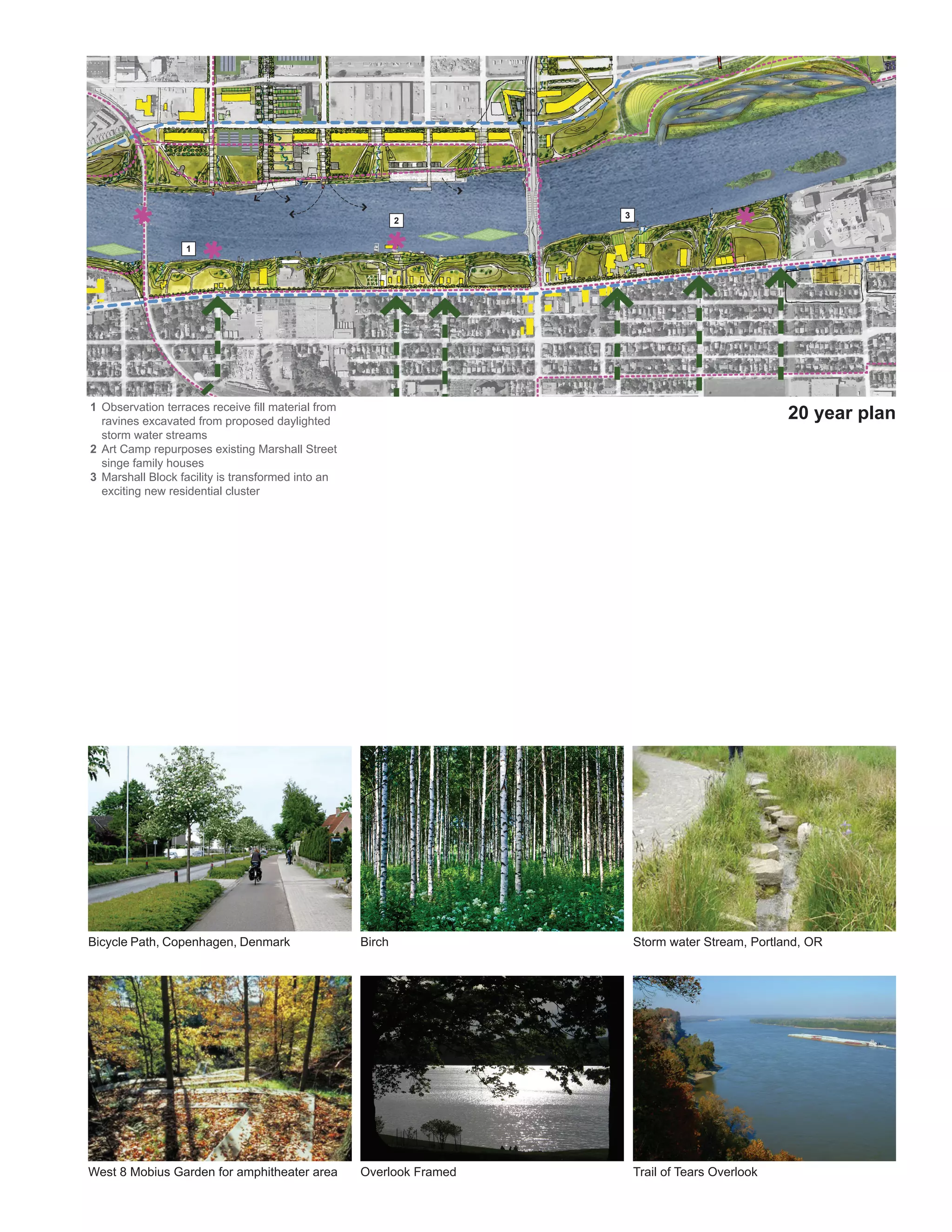 3
                                                            2


                   1




1 Observation terraces receive fill material from
  ravines excavated from proposed daylighted
                                                                                                    20 year plan
  storm water streams
2 Art Camp repurposes existing Marshall Street
  singe family houses
3 Marshall Block facility is transformed into an
  exciting new residential cluster




Bicycle Path, Copenhagen, Denmark                   Birch                 Storm water Stream, Portland, OR




West 8 Mobius Garden for amphitheater area          Overlook Framed       Trail of Tears Overlook
 
