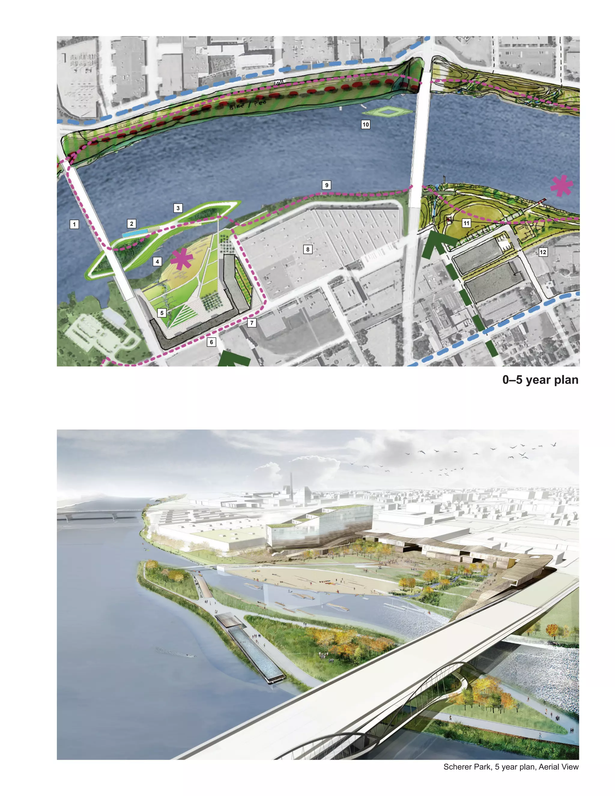 10




                                    9



                3

1   2                                                 11



                                8                                           12
        4




            5               9
                        7


                    6
                                        8



                                                                 0–5 year plan




                                                 Scherer Park, 5 year plan, Aerial View
 