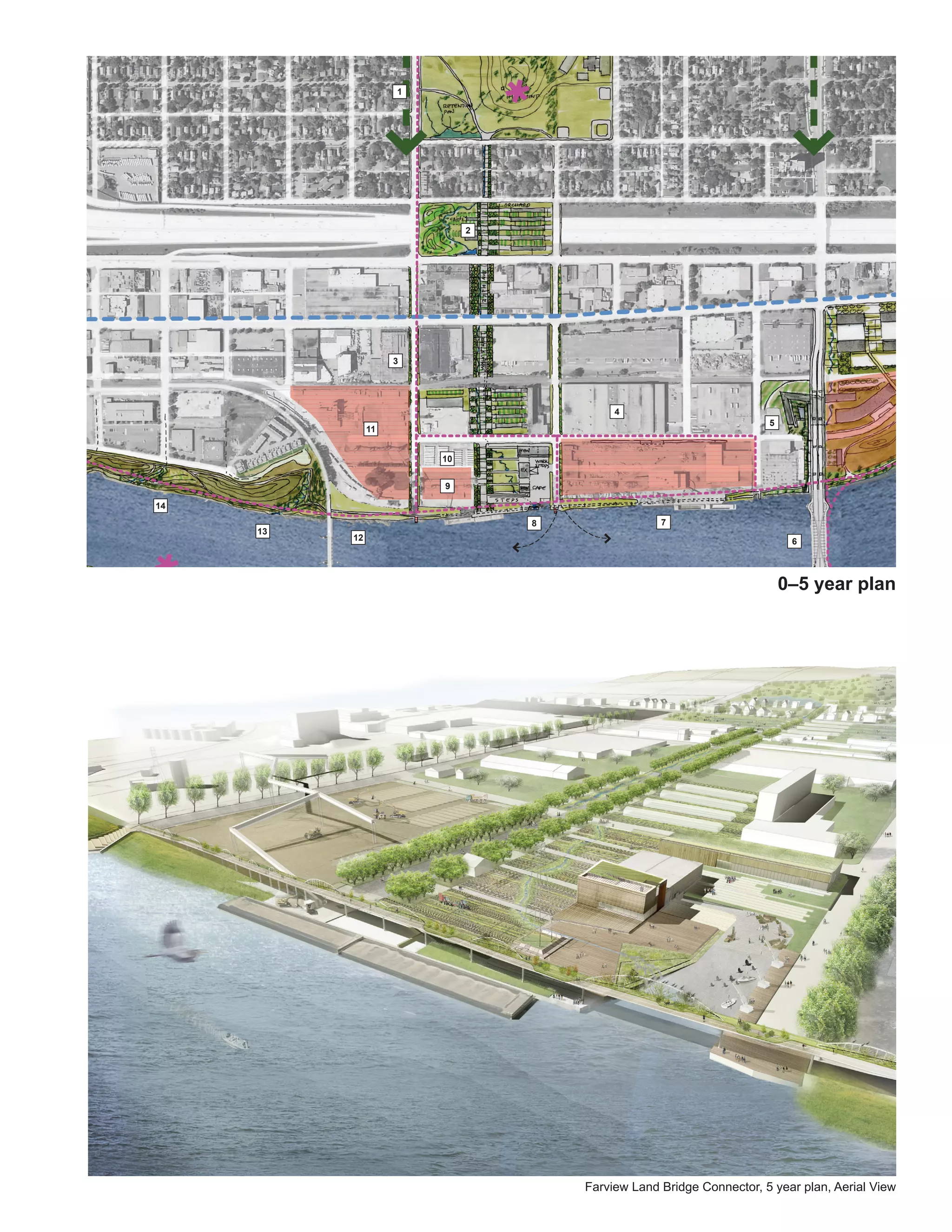 1




                             2




                    3




                                          4
                                                                     5
               11


                        10


                        9
                        9

14

     13
                                 8
                                 8                7
          12                                                              6




                                                                         0–5 year plan




                                     Farview Land Bridge Connector, 5 year plan, Aerial View
 