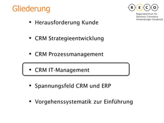 Herausforderung Kunde CRM Strategieentwicklung CRM Prozessmanagement CRM IT-Management Spannungsfeld CRM und ERP Vorgehenssystematik zur Einführung Gliederung 