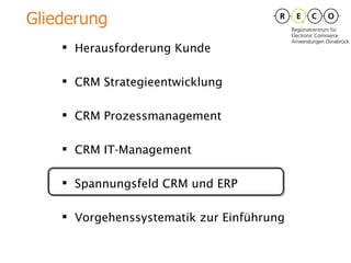 Herausforderung Kunde CRM Strategieentwicklung CRM Prozessmanagement CRM IT-Management Spannungsfeld CRM und ERP Vorgehenssystematik zur Einführung Gliederung 