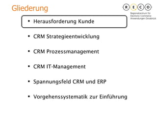 Herausforderung Kunde CRM Strategieentwicklung CRM Prozessmanagement CRM IT-Management Spannungsfeld CRM und ERP Vorgehenssystematik zur Einführung Gliederung 