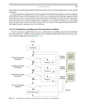 Interrupts are usually generated by external sources or by on-chip peripherals to wake up the
processor.
In interrupt-driven applications, the interrupts from different peripherals can be assigned
with different levels of interrupt priority. In this way, a high-priority interrupt request can get
serviced even when a lower priority interrupt service is running; in which case the lower pri-
ority interrupt service will be temporarily suspended. As a result, the latency (i.e., the delay
from the generation of the interrupt request to the servicing of the requesting peripheral) for
the higher priority interrupt service is reduced.
2.2.5.3 Combination of polling and interrupt-driven methods
In many instances, applications can use a combination of polling and interrupt methods.
By using software variables, information can be transferred between interrupt service rou-
tines and the application processes (Fig. 2.7).
Start
Initialization
Enter sleep mode
Interrupt
Service
Routine A
Interrupt
Service
Routine B
Interrupt
Service
Routine C
Peripheral A requires
processing? Y
Process A
Peripheral B requires
processing? Y
Process B
N
N
Peripheral C requires
processing? Y
Process C
N
Any more processing
required? Y
N
Software
variables
Software
variables
Software
variables
Interrupt
FIG. 2.7 Combination of polling and interrupt-driven methods in an application.
27
2.2 Some basic concepts
 