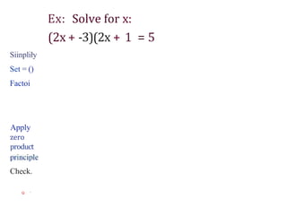 Siinpliły
Set = ()
Factoi
Apply
zero
product
Check.
Q '
Ex: Solve for x:
(2x + -3)(2x + 1 = 5
 