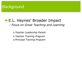 BackgroundE.L. Haynes’ Broader Impact Focus on Great Teaching and LearningTeacher Leadership PanelsTeacher TrainingProgramPrincipal Training Program 